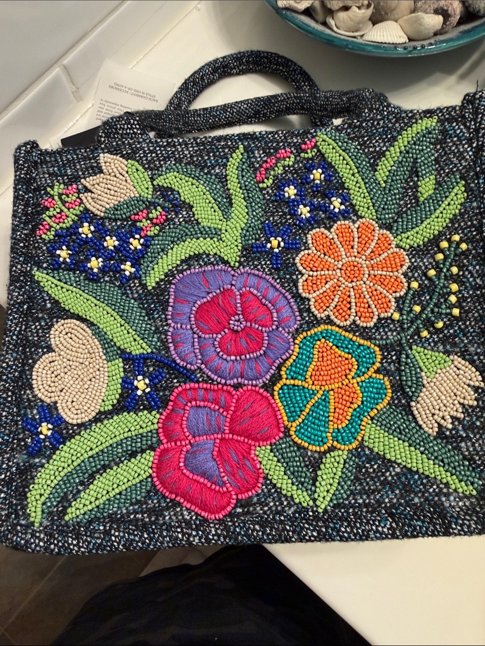 America & Beyond Beaded Floral Tote Bag in Dark Blue - Picture 3 of 7